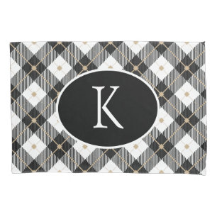 Personalized Monogrammed Black White Gold Plaid Pillow Case