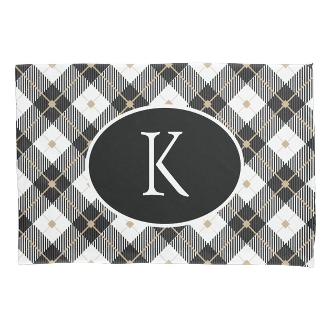 Personalized Monogrammed Black White Gold Plaid Pillow Case (Front)