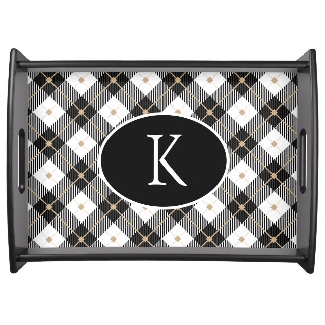 Personalized Monogrammed Black White Gold Plaid Serving Tray (Front)