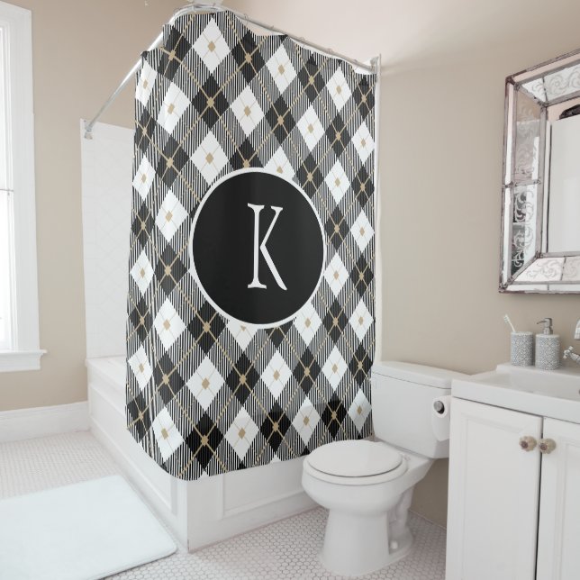 Personalized Monogrammed Black White Gold Plaid Shower Curtain (In Situ)
