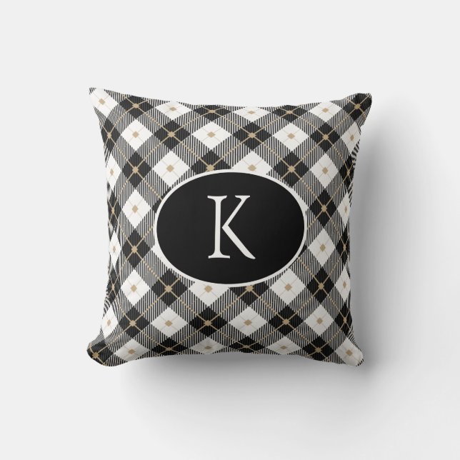 Personalized Monogrammed Black White Gold Plaid Throw Pillow (Front)
