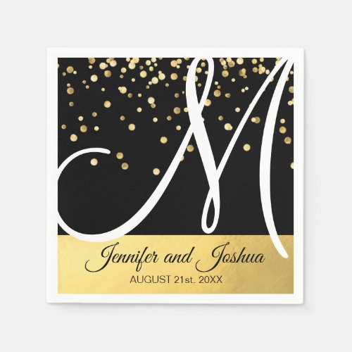 Personalized Monogrammed Black White Gold Wedding Napkins