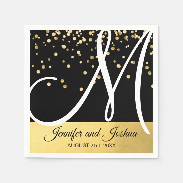 Personalized Monogrammed Black White Gold Wedding Napkins (Front)