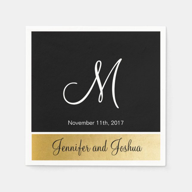 Personalized Monogrammed Custom Black Gold Wedding Paper Napkins (Front)