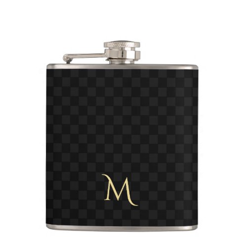 Personalized Monogrammed Elegant Black Checkered Flask