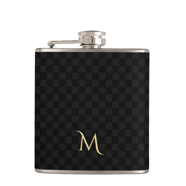 Personalized Monogrammed Elegant Black Checkered Flask (Front)