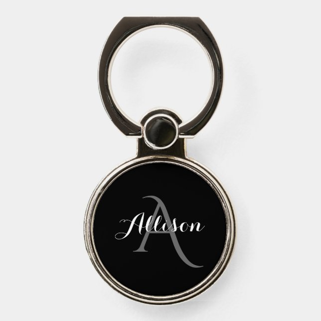 Personalized Monogrammed Elegant Black Script Phone Ring Stand (Front)