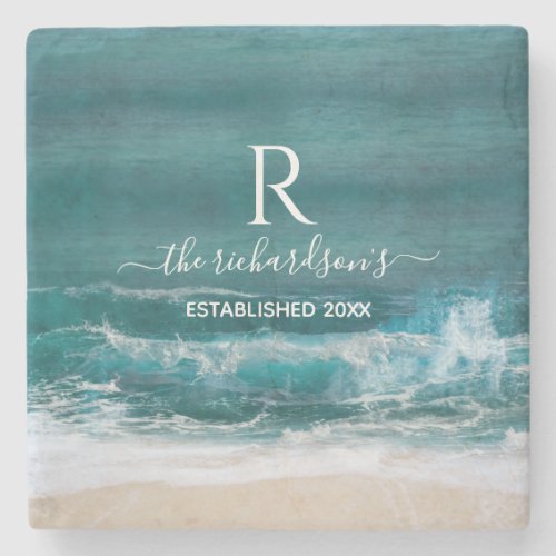 Personalized Monogrammed Family Beach Blue Green Stone Coaster