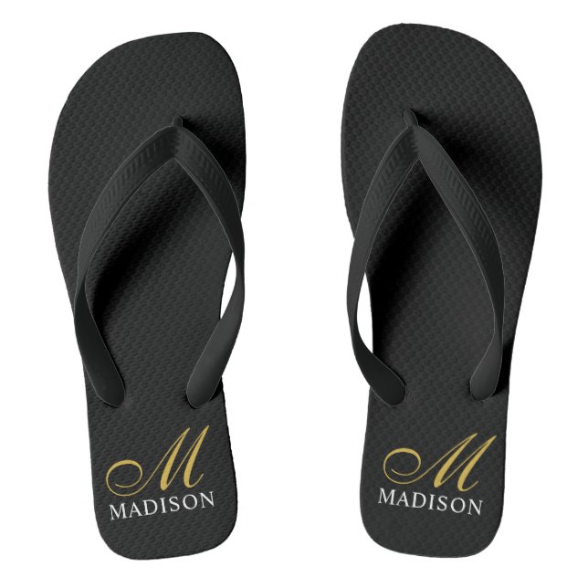 Personalized Monogrammed Gold Black  Flip Flops (Footbed)