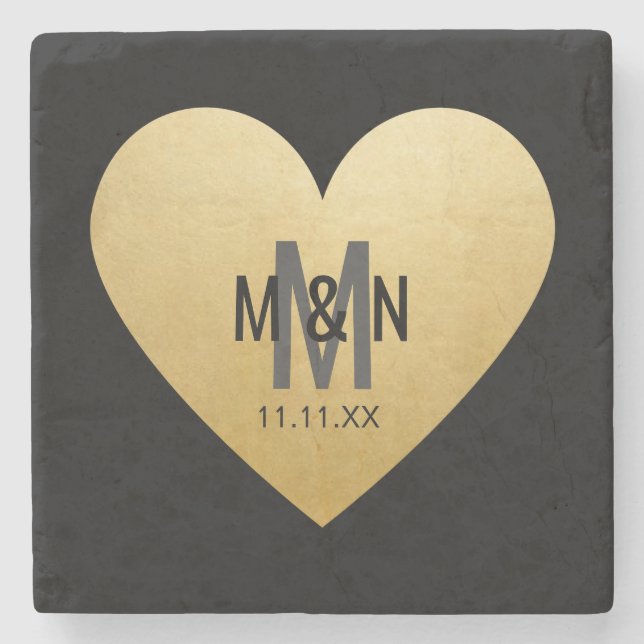 Personalized Monogrammed Gold Heart Wedding Favors Stone Coaster (Front)