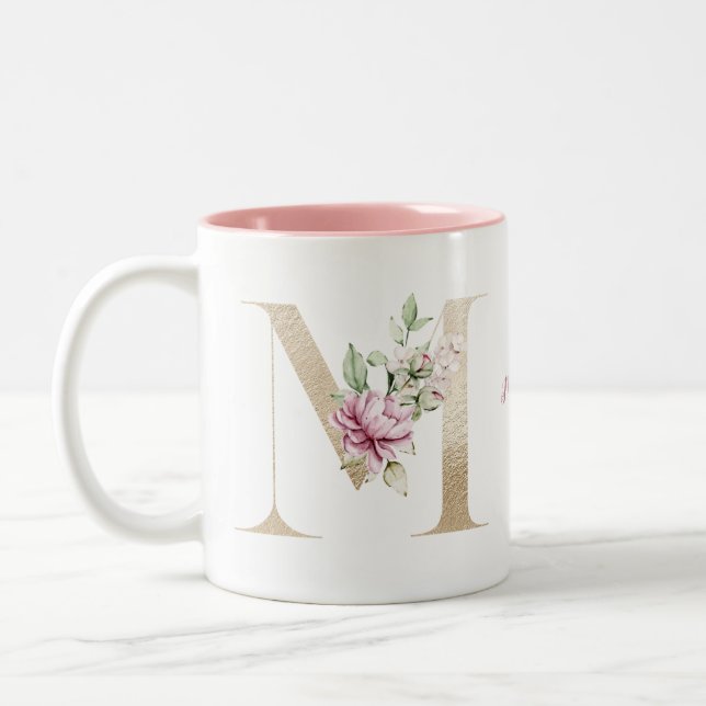 Personalized Monogrammed Gold Letter M Pink Floral Two-Tone Coffee Mug (Left)