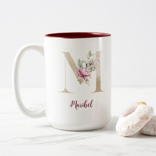 Personalized Monogrammed Gold Letter M PInk Floral Two_Tone Coffee Mug