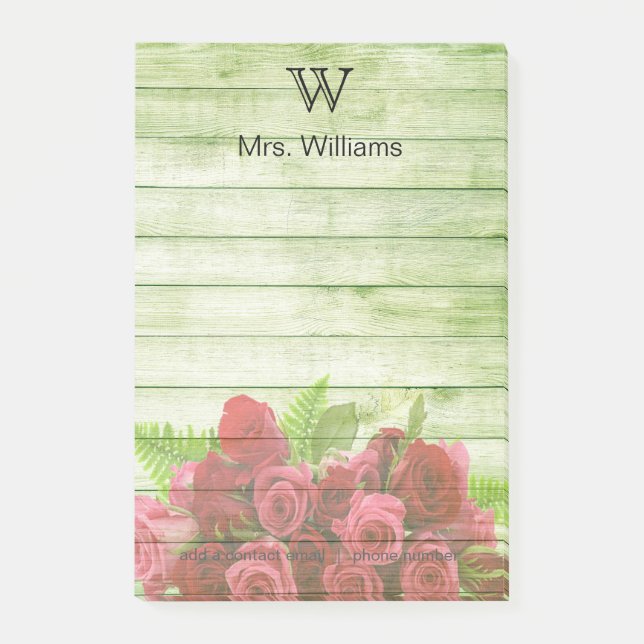Personalized Monogrammed Green Wooden Background Post-it Notes (Front)