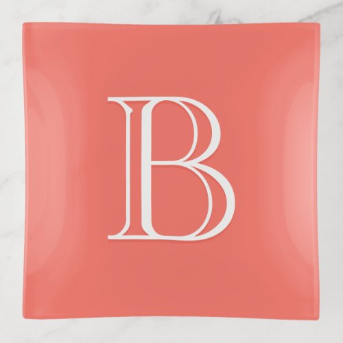 Personalized Monogrammed Initial Coral  White Trinket Tray