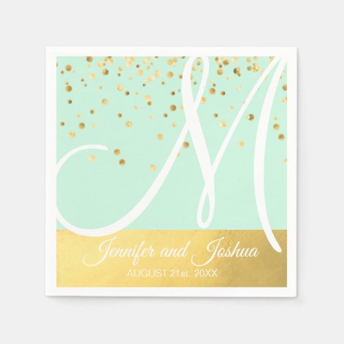 Personalized Monogrammed Mint Green Gold Wedding Paper Napkins