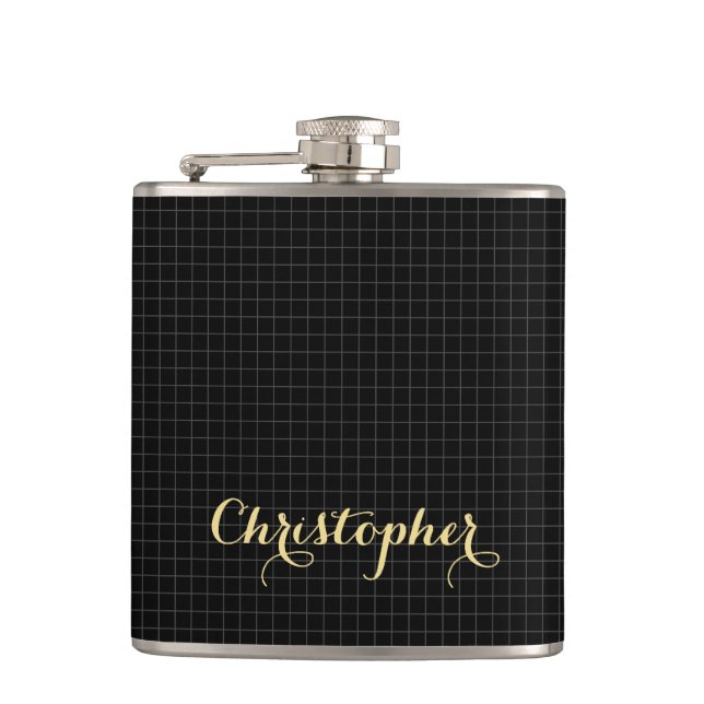 Personalized Monogrammed Modern Black Checkered Flask (Front)