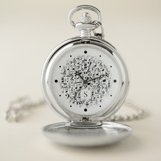 Personalized Monogrammed Musical Notes Pattern Pocket Watch (Inside)
