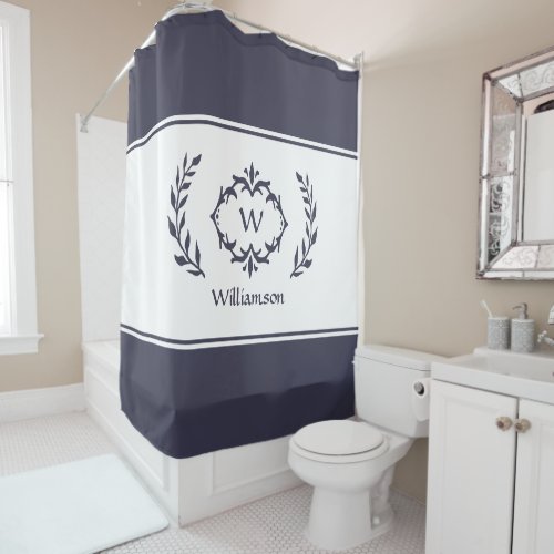 Personalized Monogrammed Name Initial Blue White Shower Curtain