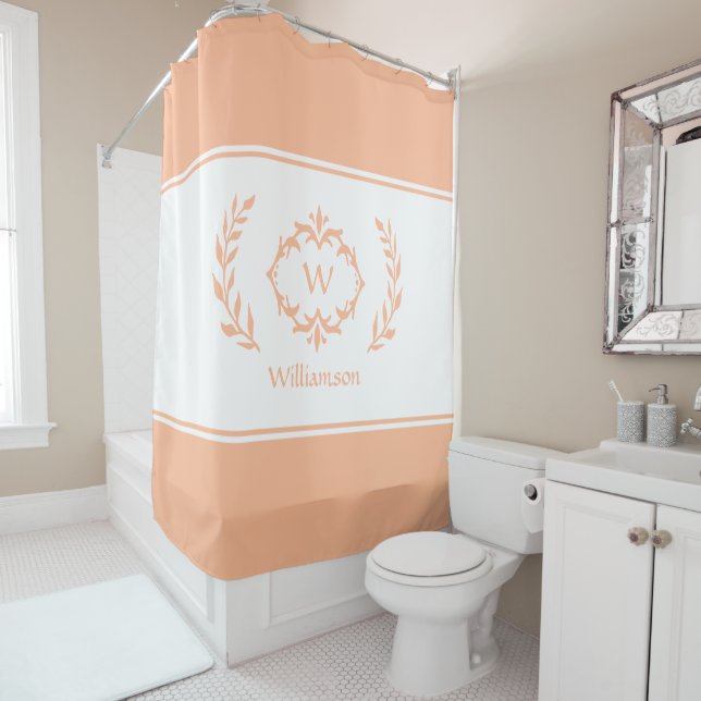 Personalized Monogrammed Name Initial Peach White  Shower Curtain (In Situ)