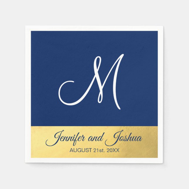 Personalized Monogrammed Navy Blue Gold Wedding Napkins (Front)