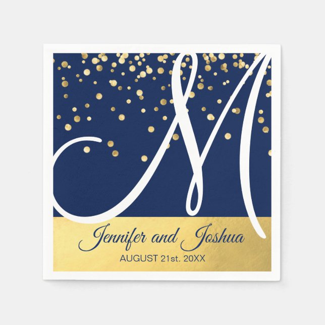 Personalized Monogrammed Navy Blue Gold Wedding Napkins (Front)