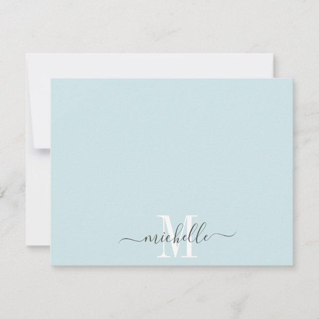 Personalized Monogrammed Pastel Blue White Script Note Card (Front)
