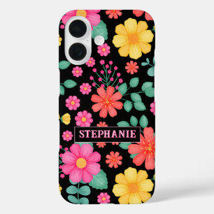Personalized Monogrammed Wildflower Floral Black iPhone 16 Case
