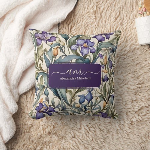 Personalized Monogran Watercolor Purple Iris Throw Pillow