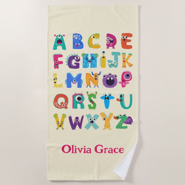 Personalized Monster ABC Silly Alphabet Monsters Beach Towel (Front)