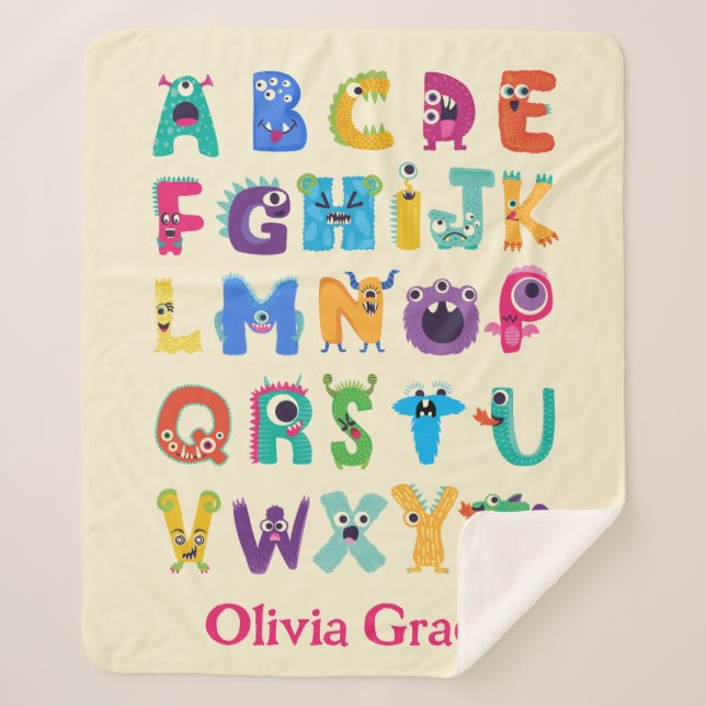 Personalized Monster ABC Silly Alphabet Monsters Sherpa Blanket (Front)
