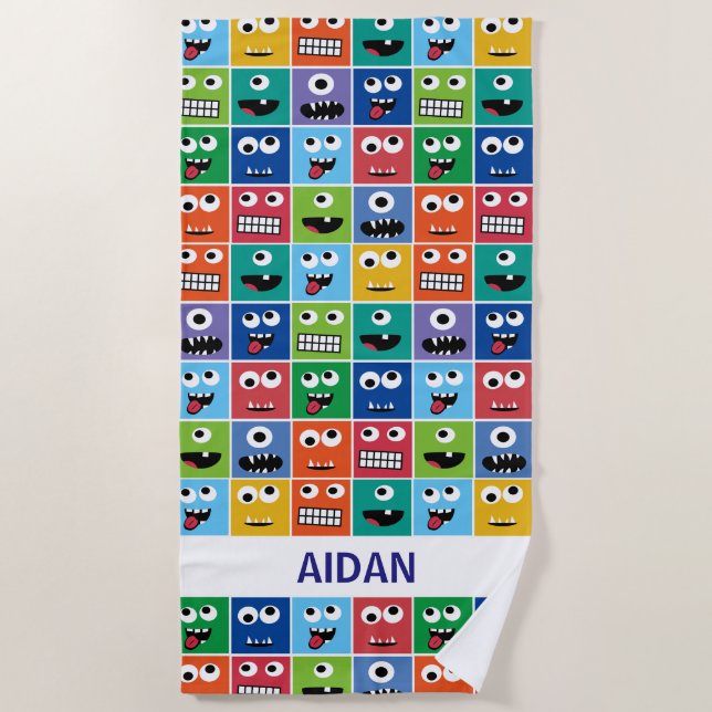 Personalized Monster Face Pattern Colorful Kids Beach Towel (Front)