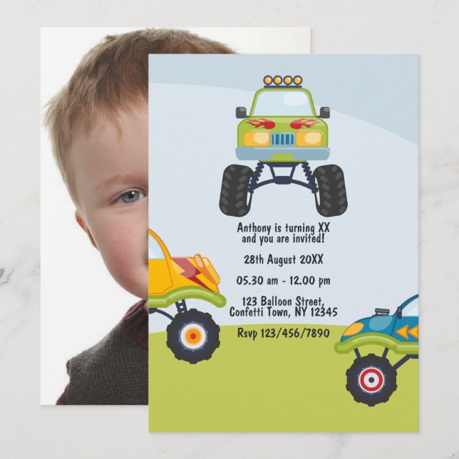 Personalized Monster Truck Birthday Photo Invitation (Front/Back)