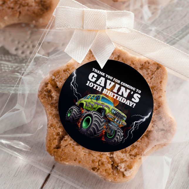 Personalized Monster Truck Editable Birthday Party Classic Round Sticker (Creator Uploaded)