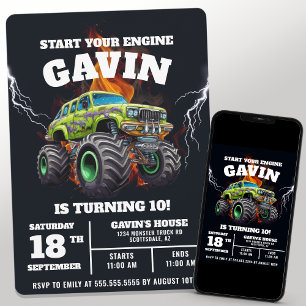 Personalized Monster Truck Editable Birthday Party Invitation