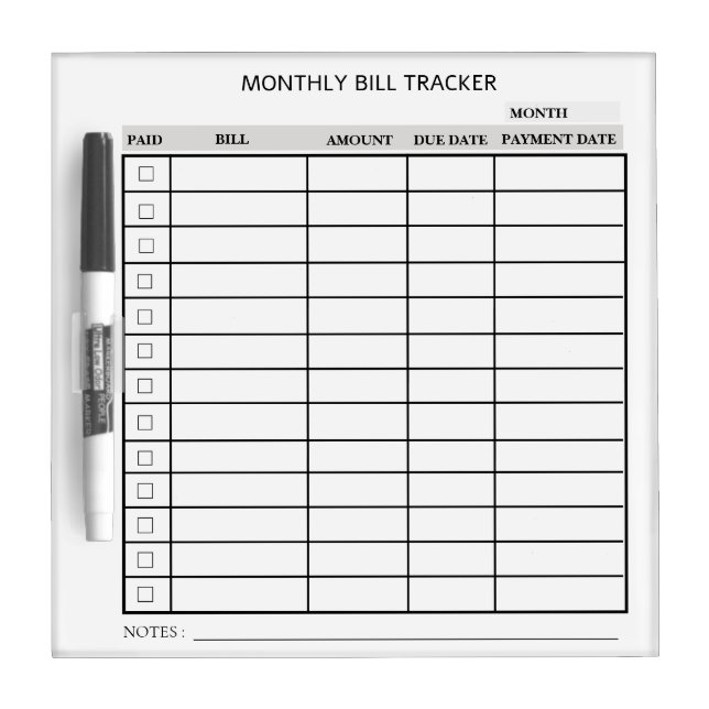 Personalized Monthly Bill Tracker Dry Erase Board (Front)