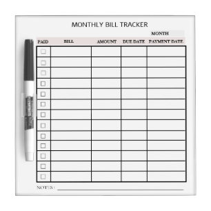 Personalized Monthly Bill Tracker Dry Erase Board