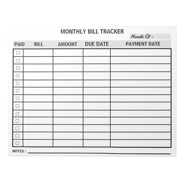 Personalized Monthly Bill Tracker Notepad (Front)