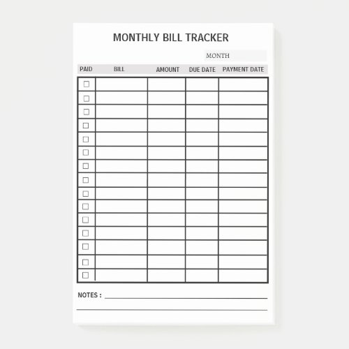 Personalized Monthly Bill Tracker Post_it Notes