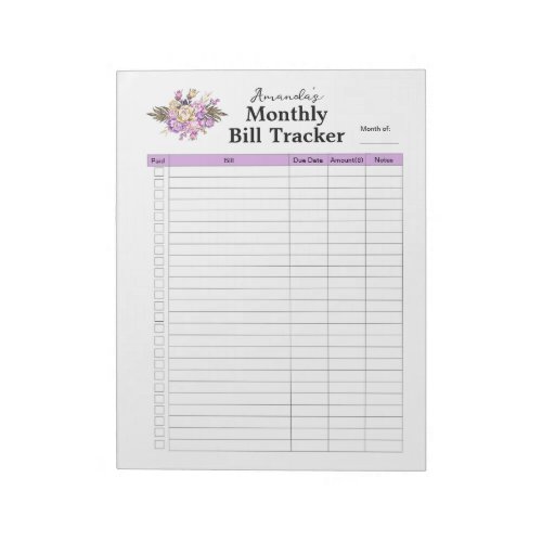 Personalized Monthly Bill Tracker Purple Flower Notepad