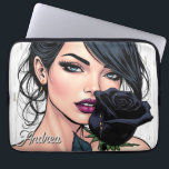 Personalized Moody Gothic Woman with Rose   Laptop Sleeve<br><div class="desc">Embrace your dark and dreamy side with this personalized laptop sleeve. This unique tablet case features a stunning, cinematic illustration of a gothic beauty with mesmerizing blue eyes, deep plum lips, and a single, perfectly formed black rose. With subtle details like delicate gold tear-drop earrings and a fine, falling mist,...</div>