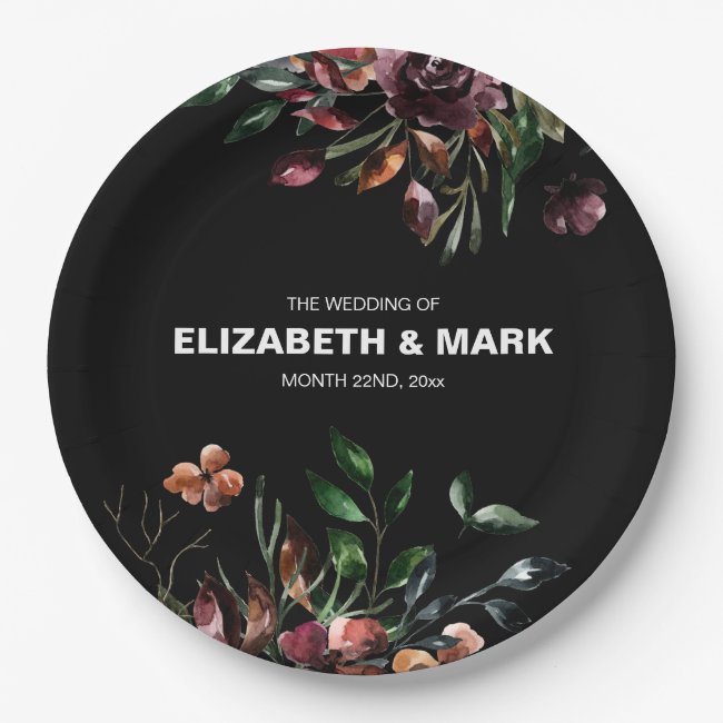 Personalized Moody Watercolor Florals Wedding Paper Plate