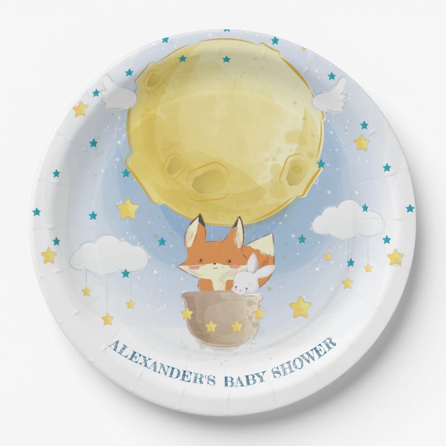 Personalized Moon Air Balloon Baby Shower Paper Plates (Front)