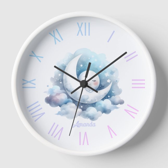 Personalized Moon and Clouds Baby Room Clock (Front)