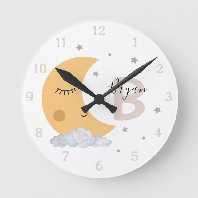 Personalized Moon Nursery Wall Clock Neutral Beige (Front)