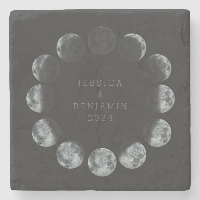 Personalized Moon Phase Black Cosmic Wedding Date Stone Coaster (Front)