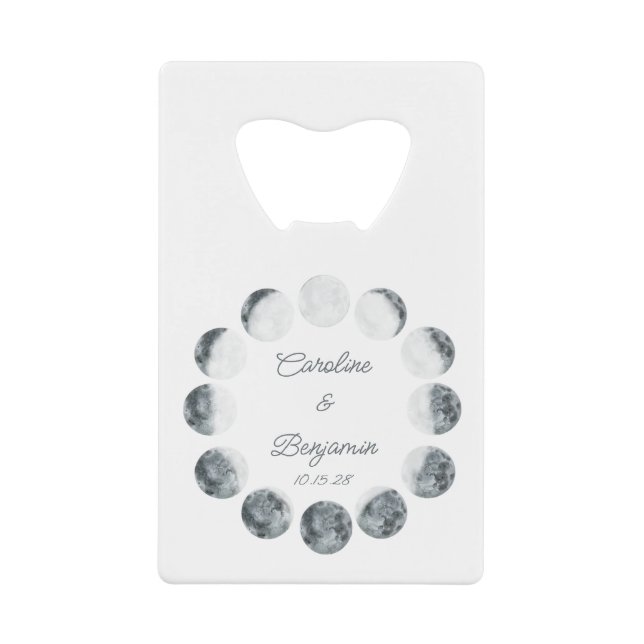 Personalized Moon Phase White Cosmic Wedding Date Credit Card Bottle Opener (Front)