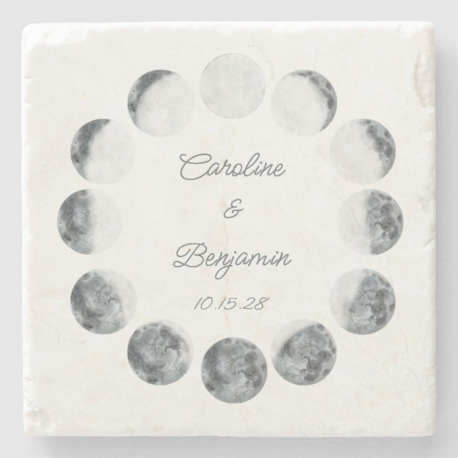 Personalized Moon Phase White Cosmic Wedding Date Stone Coaster (Front)
