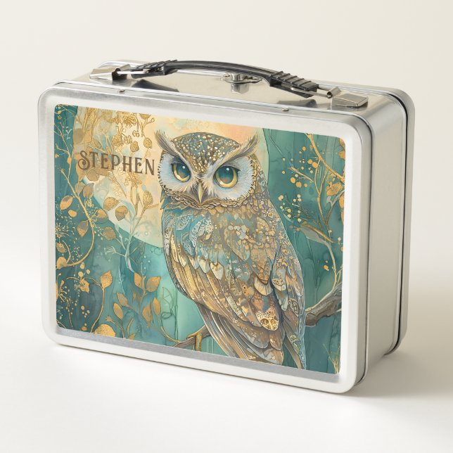 Personalized Moonlit Owl Emerald Forest Fantasy Metal Lunch Box (Back)