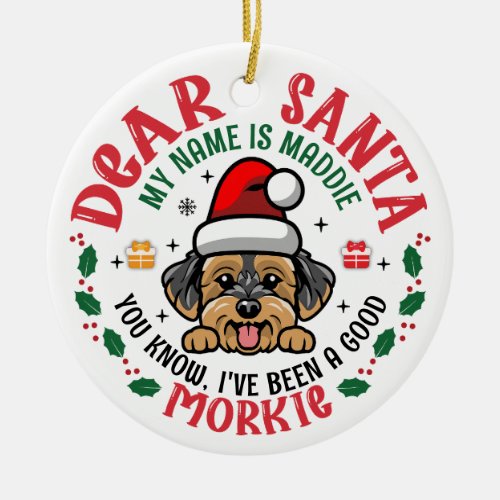 Personalized Morkie Dog Christmas Tree Round White Ceramic Ornament