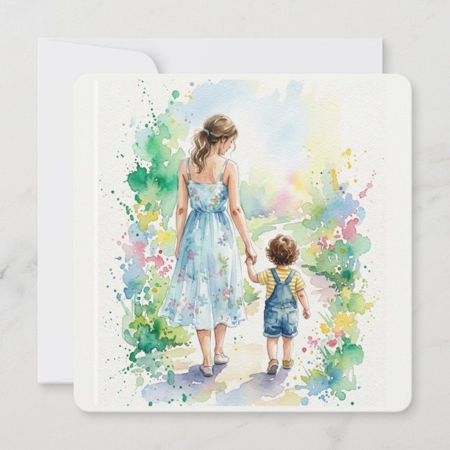 Personalized Mother and Son Watercolor Card (Front)
